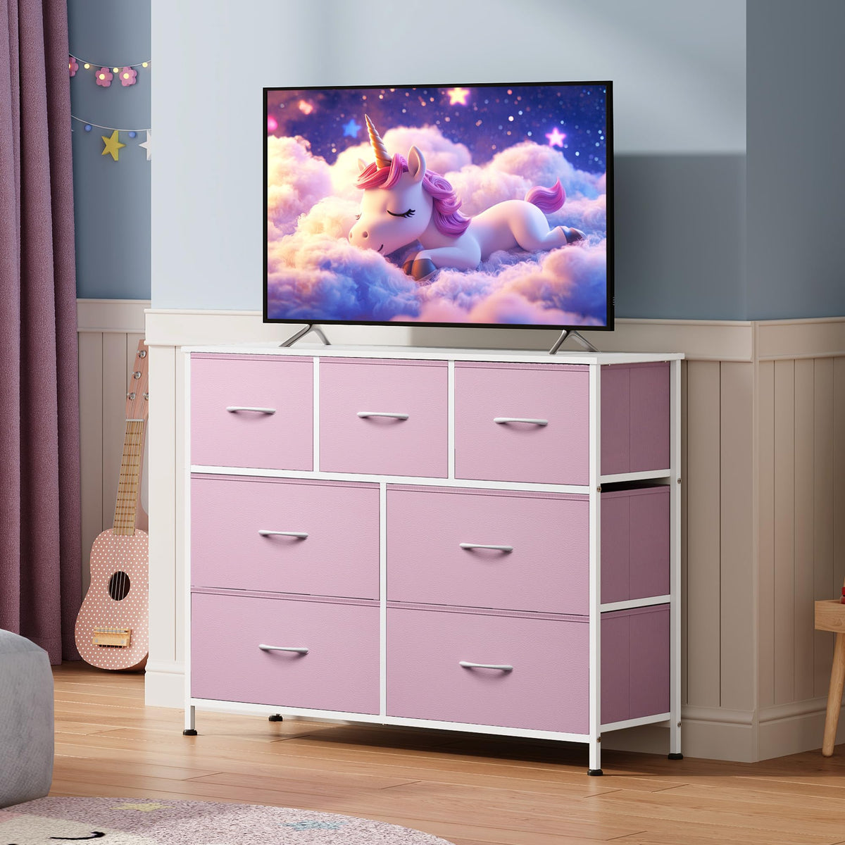 WLIVE 7-Drawer Fabric Storage Dresser with Wood Top