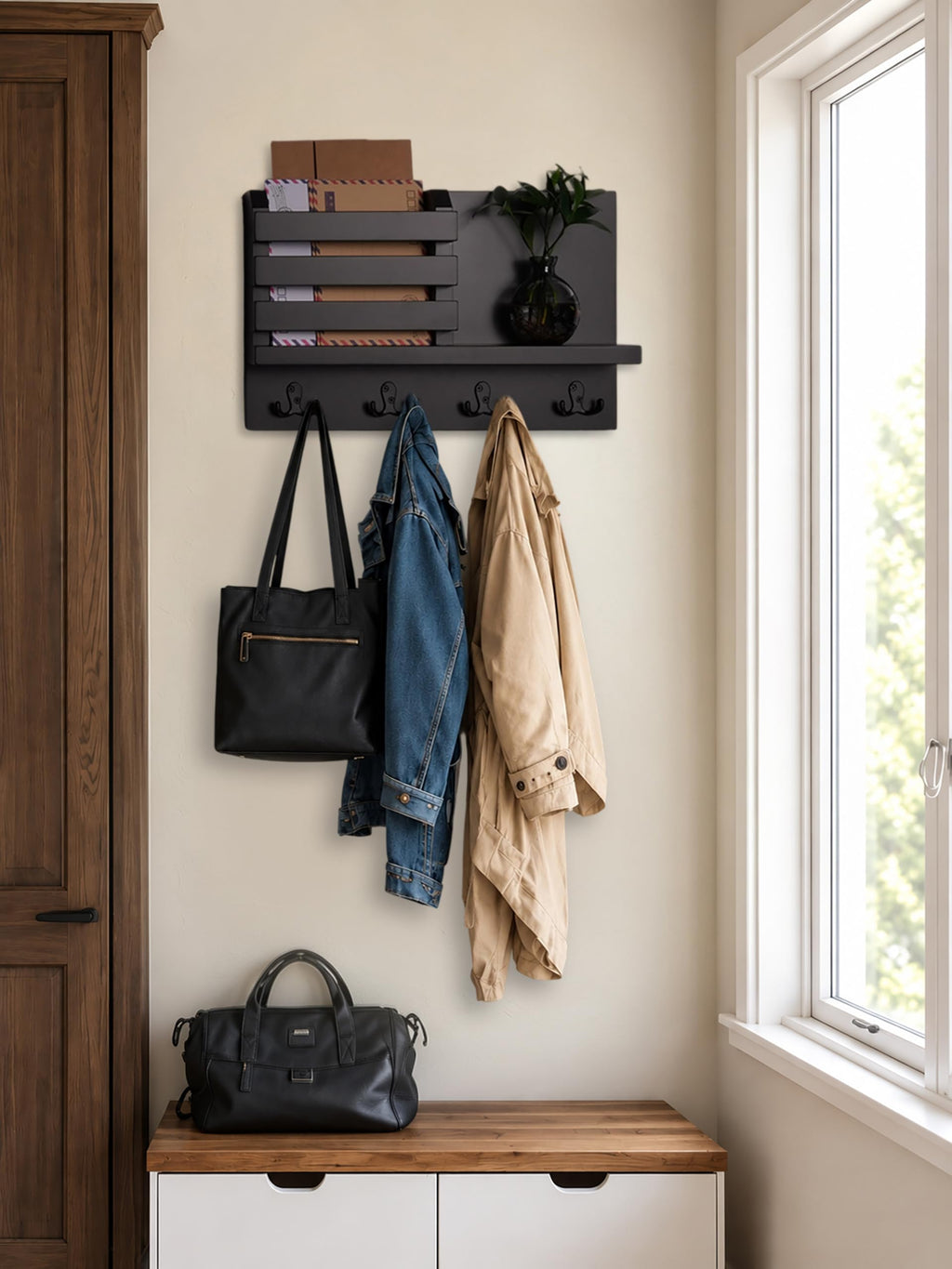 BAWADE Modern Wooden Entryway Wall Shelf with Hooks