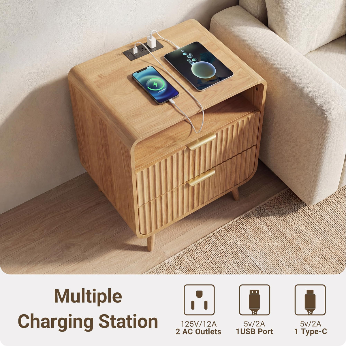 Curved 2-Drawer Nightstand with Charging Station & LED Light