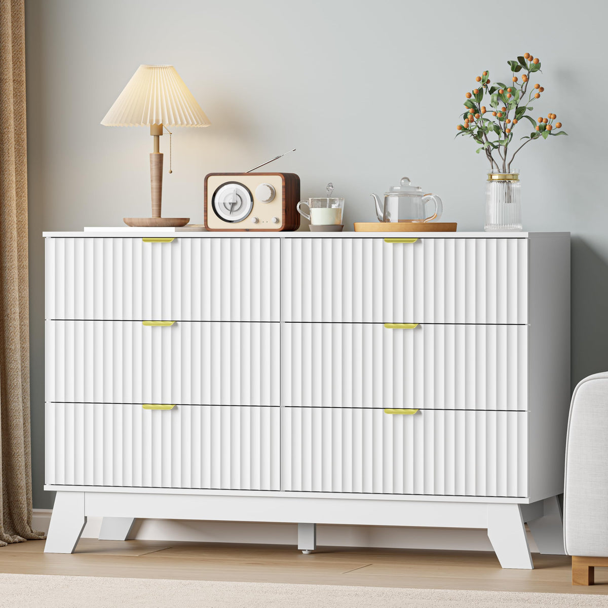 IAISRO 57-Inch Fluted 9-Drawer Dresser with Gold Handles