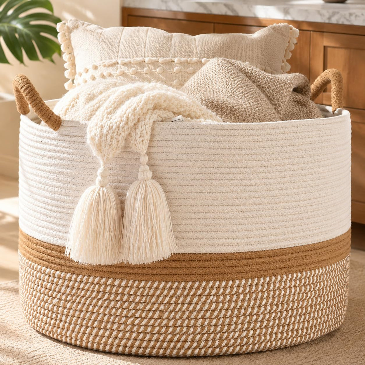 KAKAMAY 20 x 13-Inch Woven Cotton Rope Storage Basket