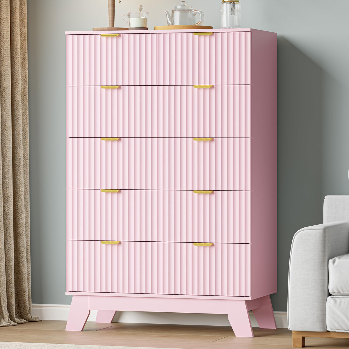 IAISRO 57-Inch Fluted 9-Drawer Dresser with Gold Handles