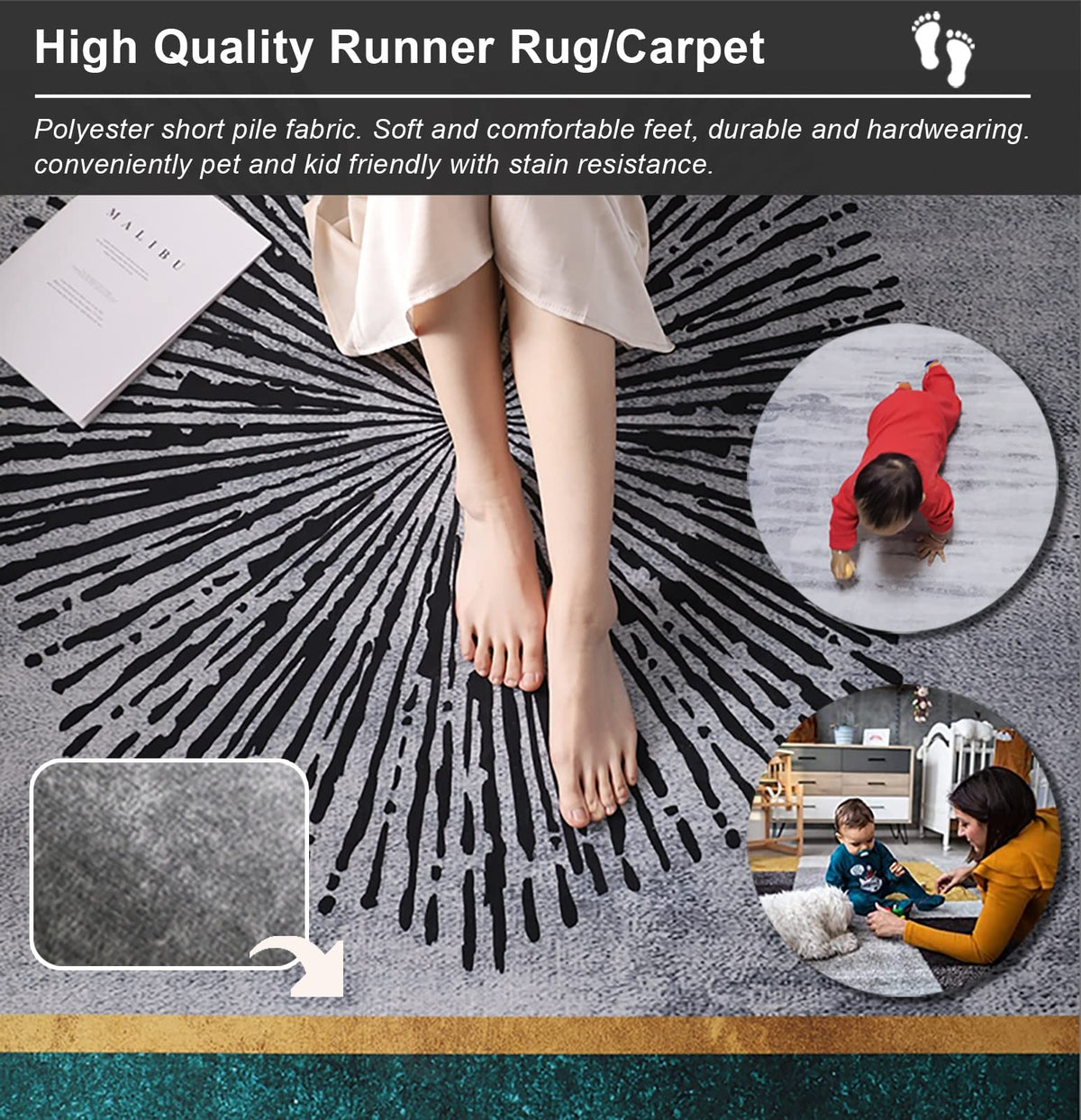 Black & White Trellis Hallway Runner Rug, 4.3 x 26 ft