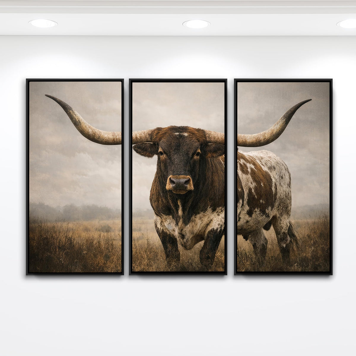 Framed Longhorn Bull Canvas Wall Art for Western Home Decor