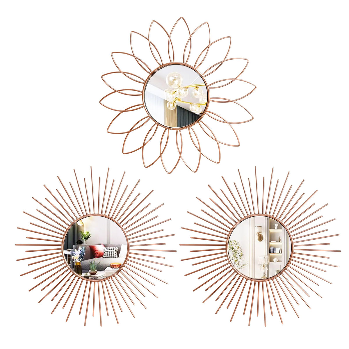 Gold Metal Sunburst Decorative Wall Mirrors, Set of 3