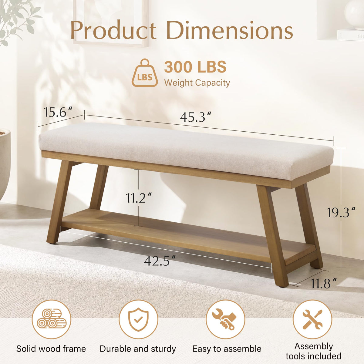 Zihanhome 45-Inch Upholstered Entryway Storage Bench