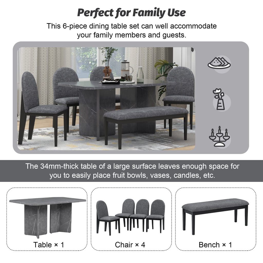 6-Piece Grey Faux Marble Dining Set with Chairs & Bench