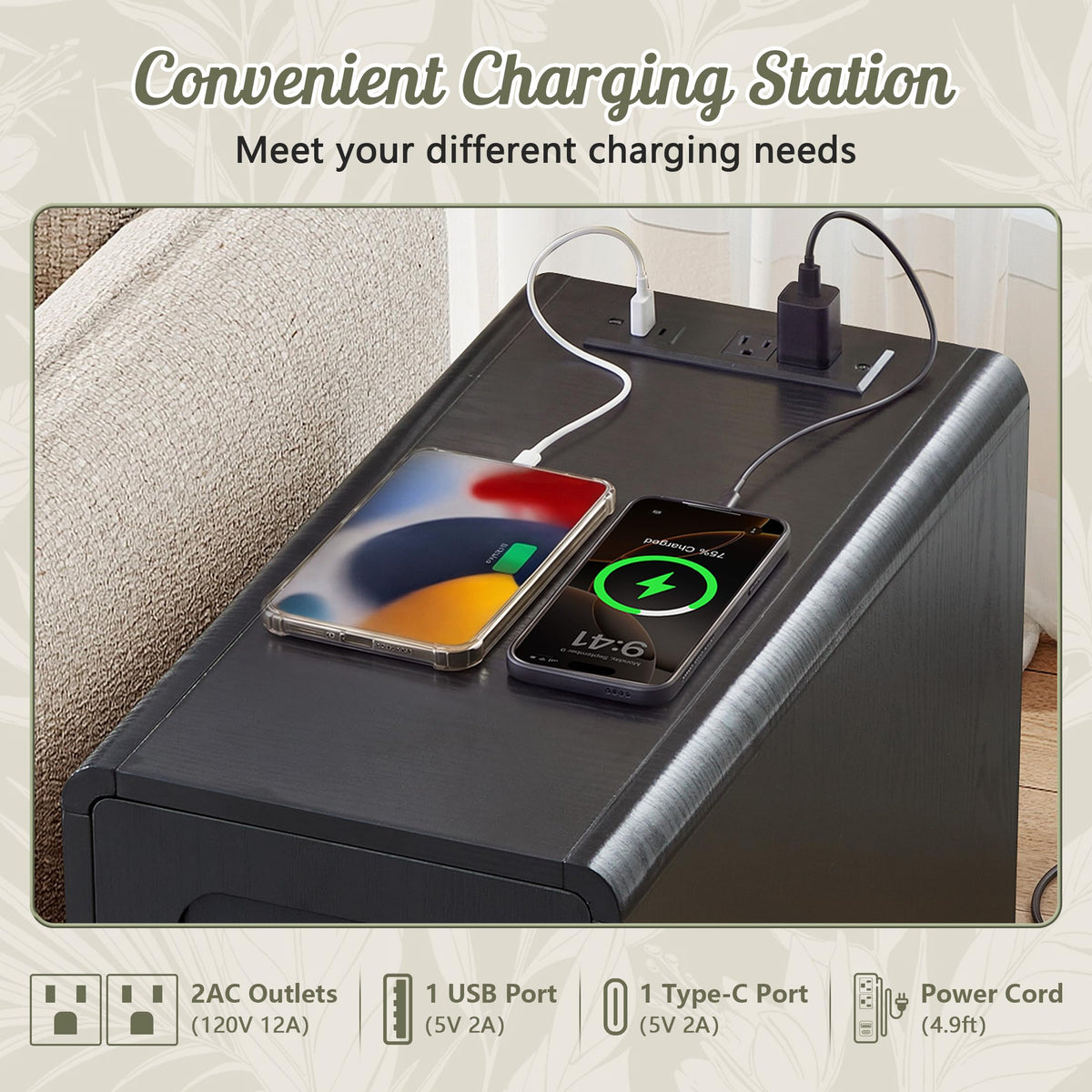 Slim Nightstand End Table with Built-In Charging Station
