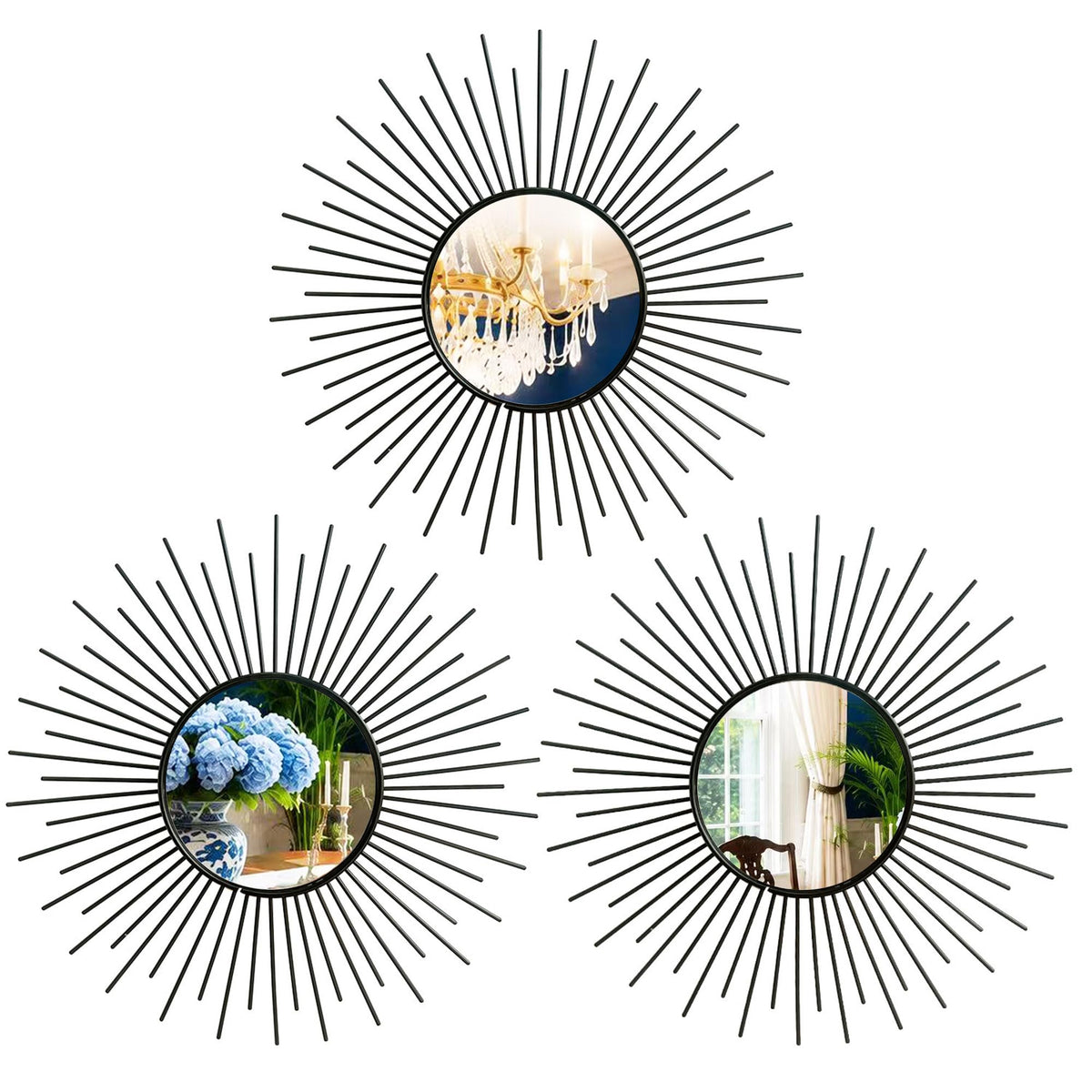 Gold Metal Sunburst Decorative Wall Mirrors, Set of 3
