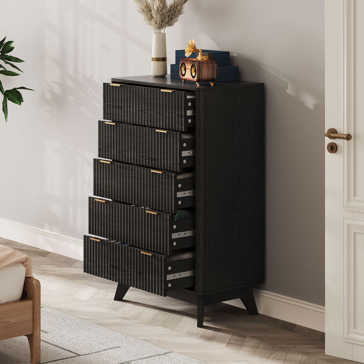 TROJM Fluted Bedroom Dresser with Curved Edge Design