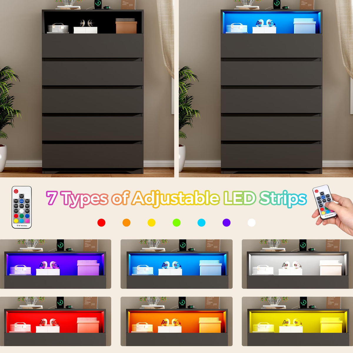 BEWISHOME Tall Dresser for Bedroom with 5 Drawers, LED Light