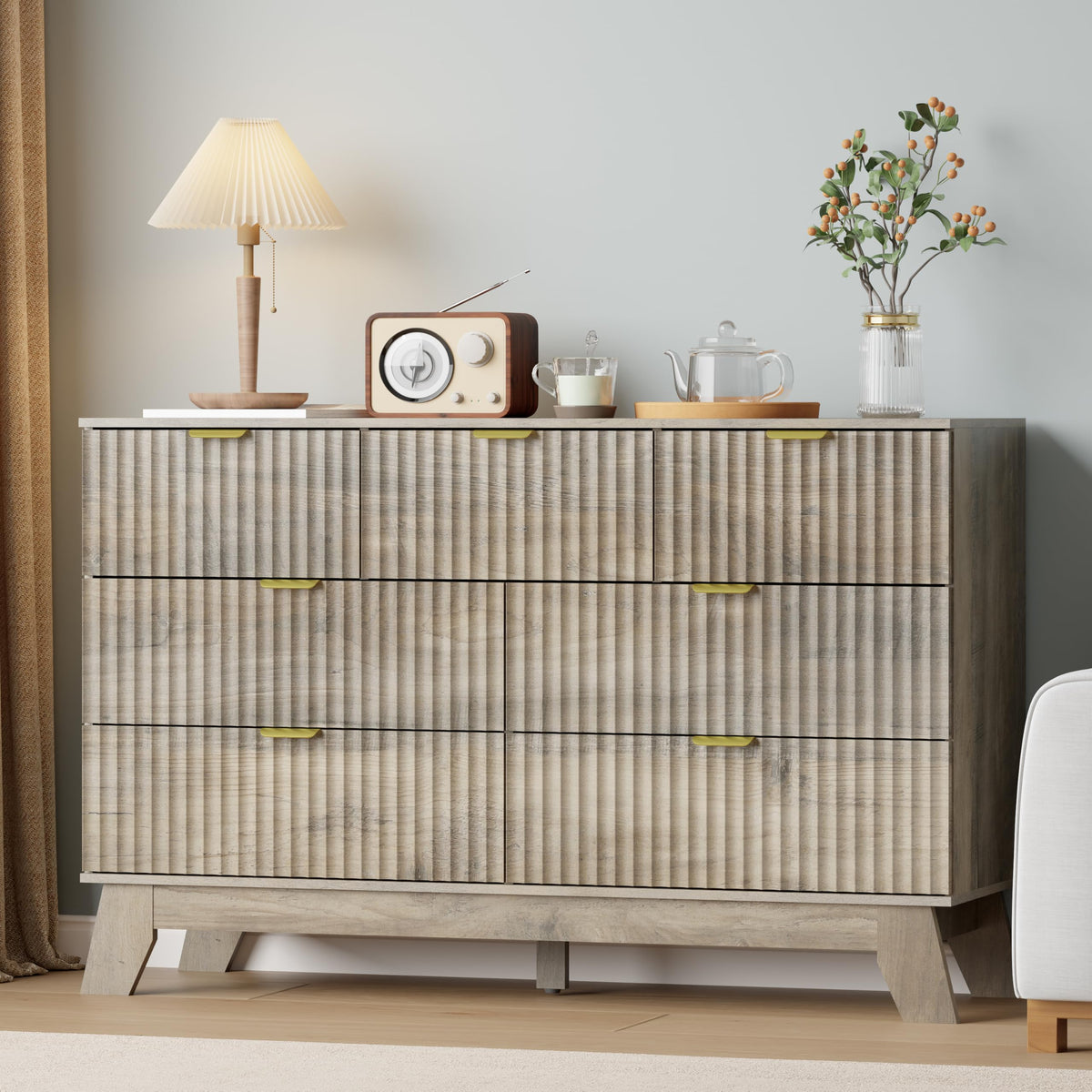 IAISRO 57-Inch Fluted 9-Drawer Dresser with Gold Handles