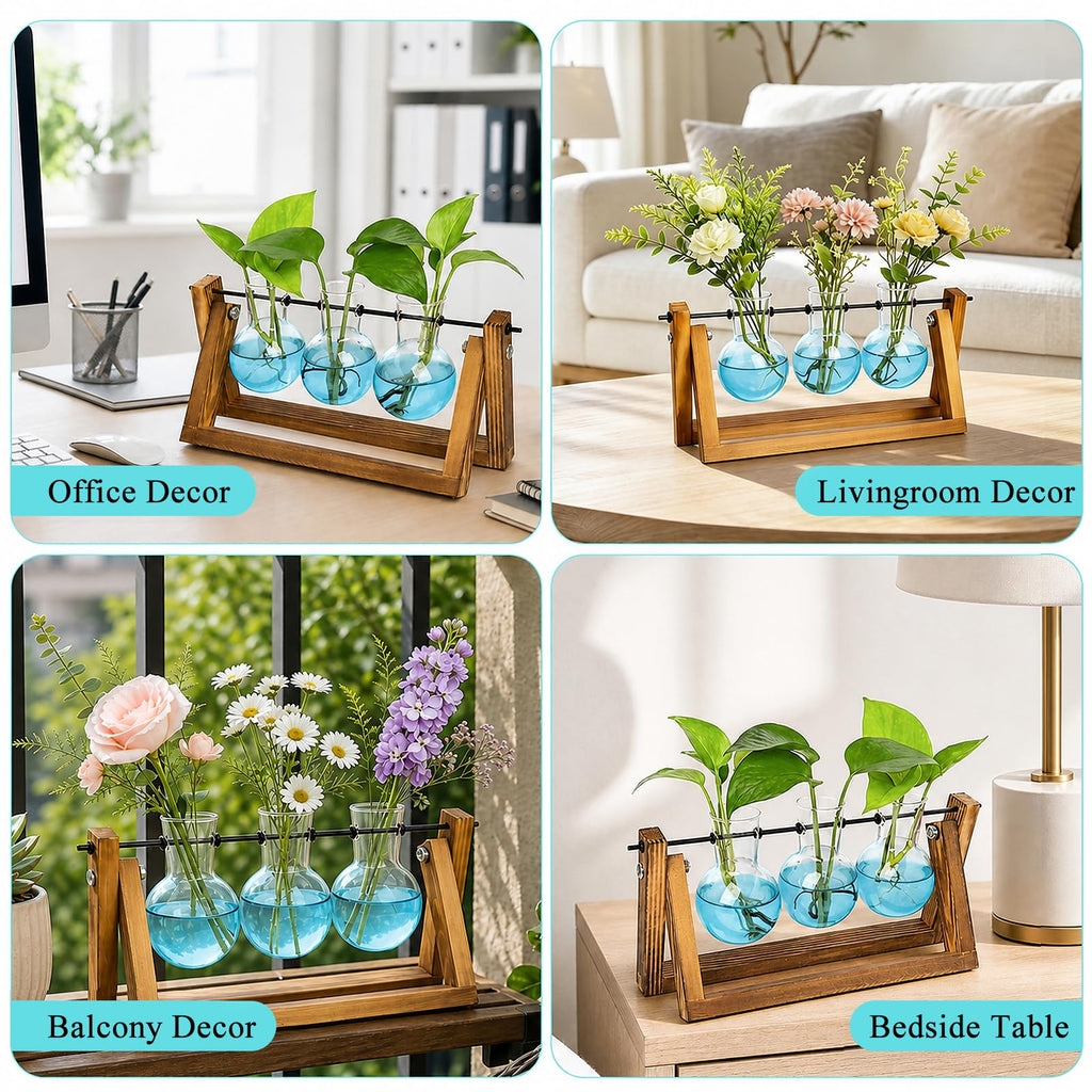 XXXFLOWER 3-Bulb Gradient Plant Terrarium with Wooden Stand