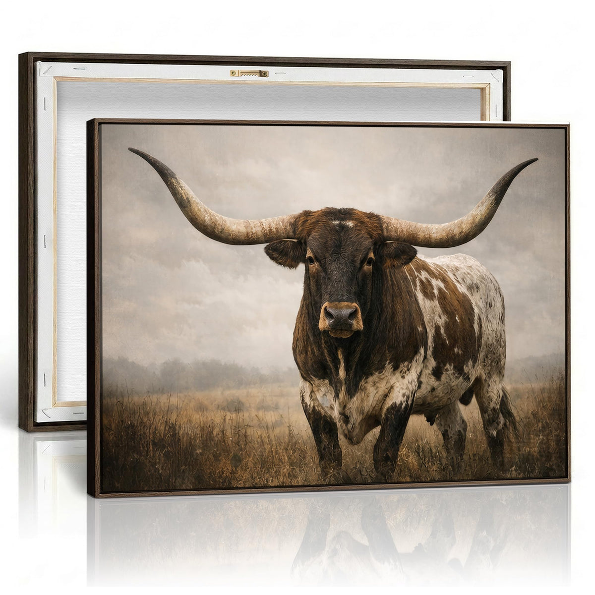 Framed Longhorn Bull Canvas Wall Art for Western Home Decor
