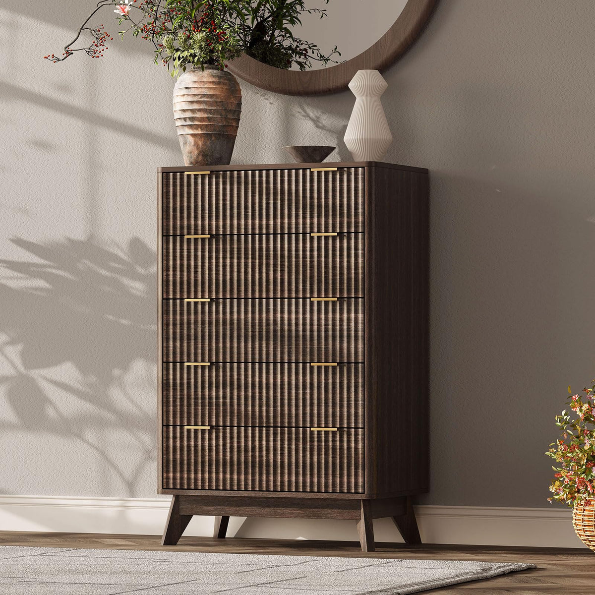 TROJM Fluted Bedroom Dresser with Curved Edge Design