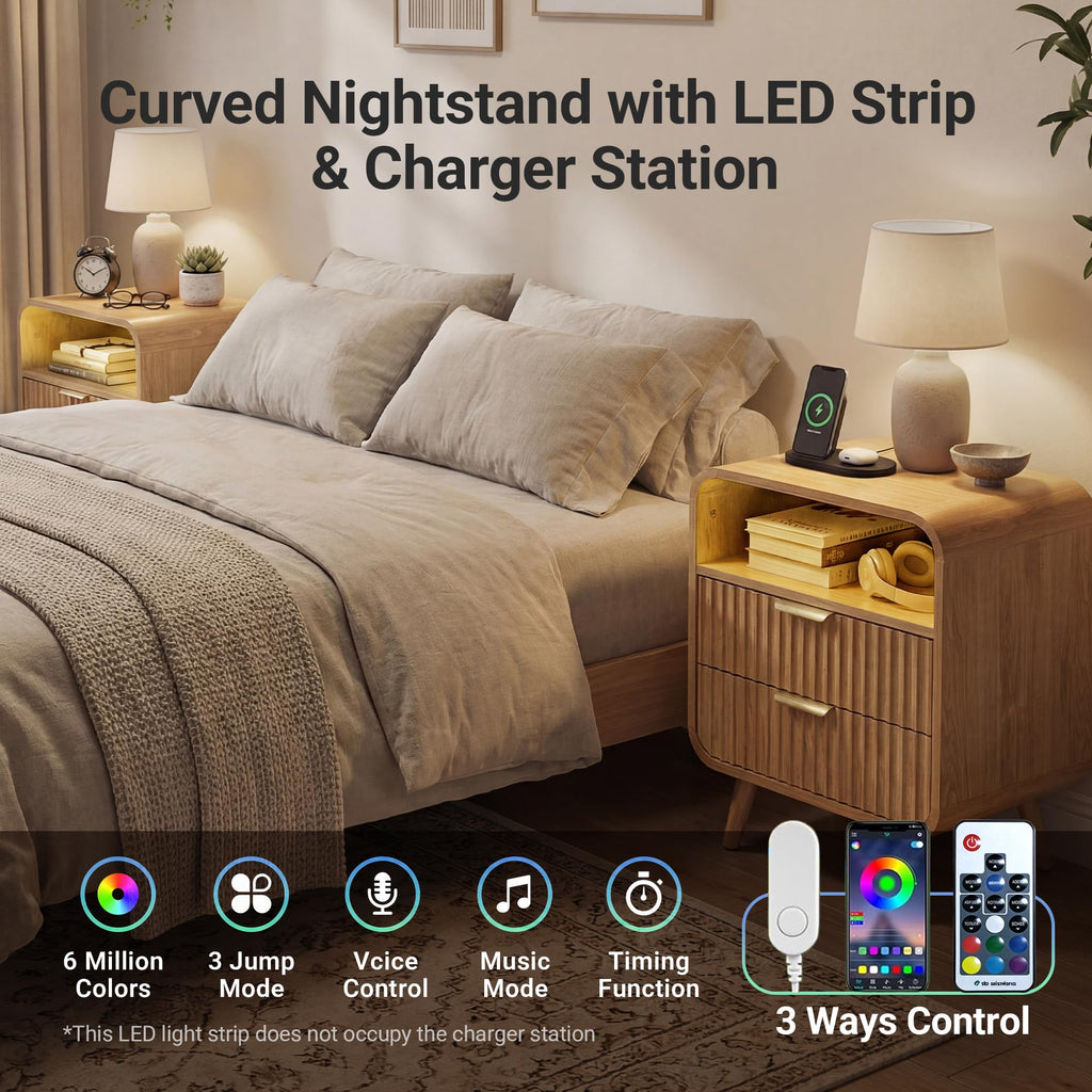 Curved 2-Drawer Nightstand with Charging Station & LED Light