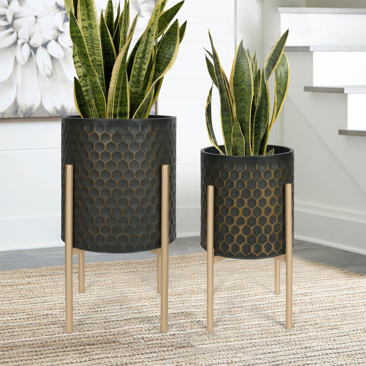 Oakrain Modern Metal Indoor Plant Pots with Stand, Set of 2