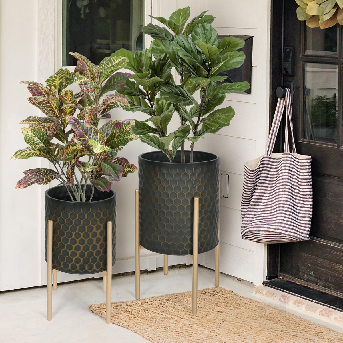 Oakrain Modern Metal Indoor Plant Pots with Stand, Set of 2