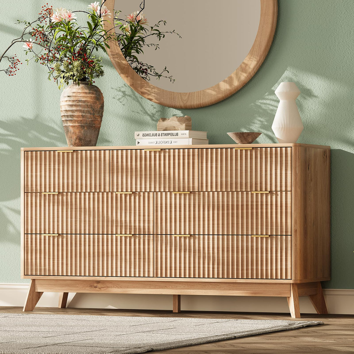 TROJM Fluted Bedroom Dresser with Curved Edge Design