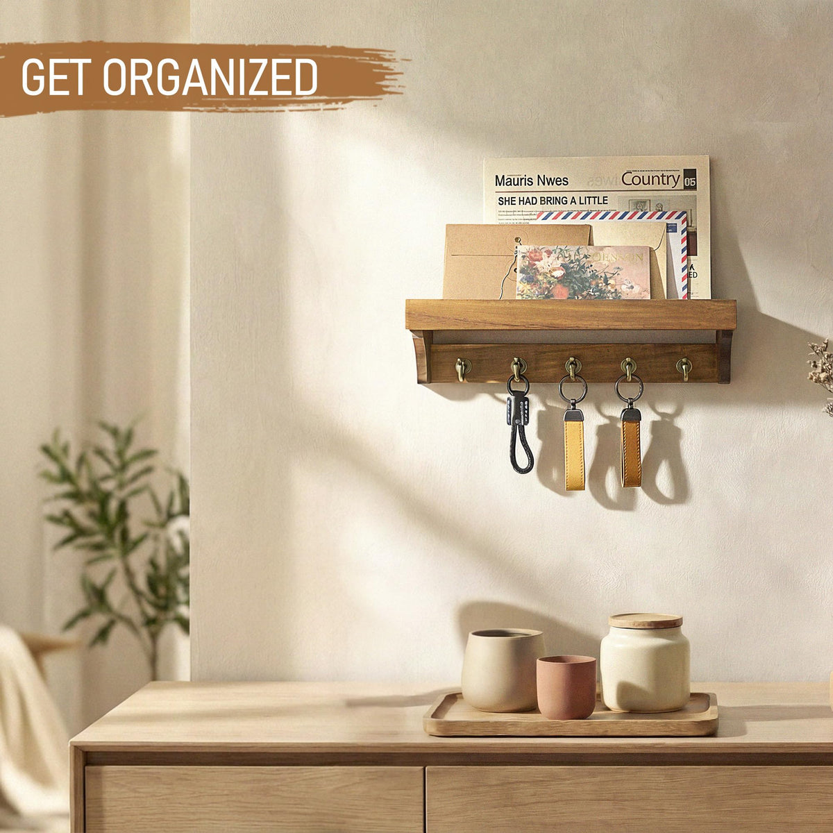 Rebee Vision 14-Inch Wall Key & Mail Holder with Hooks