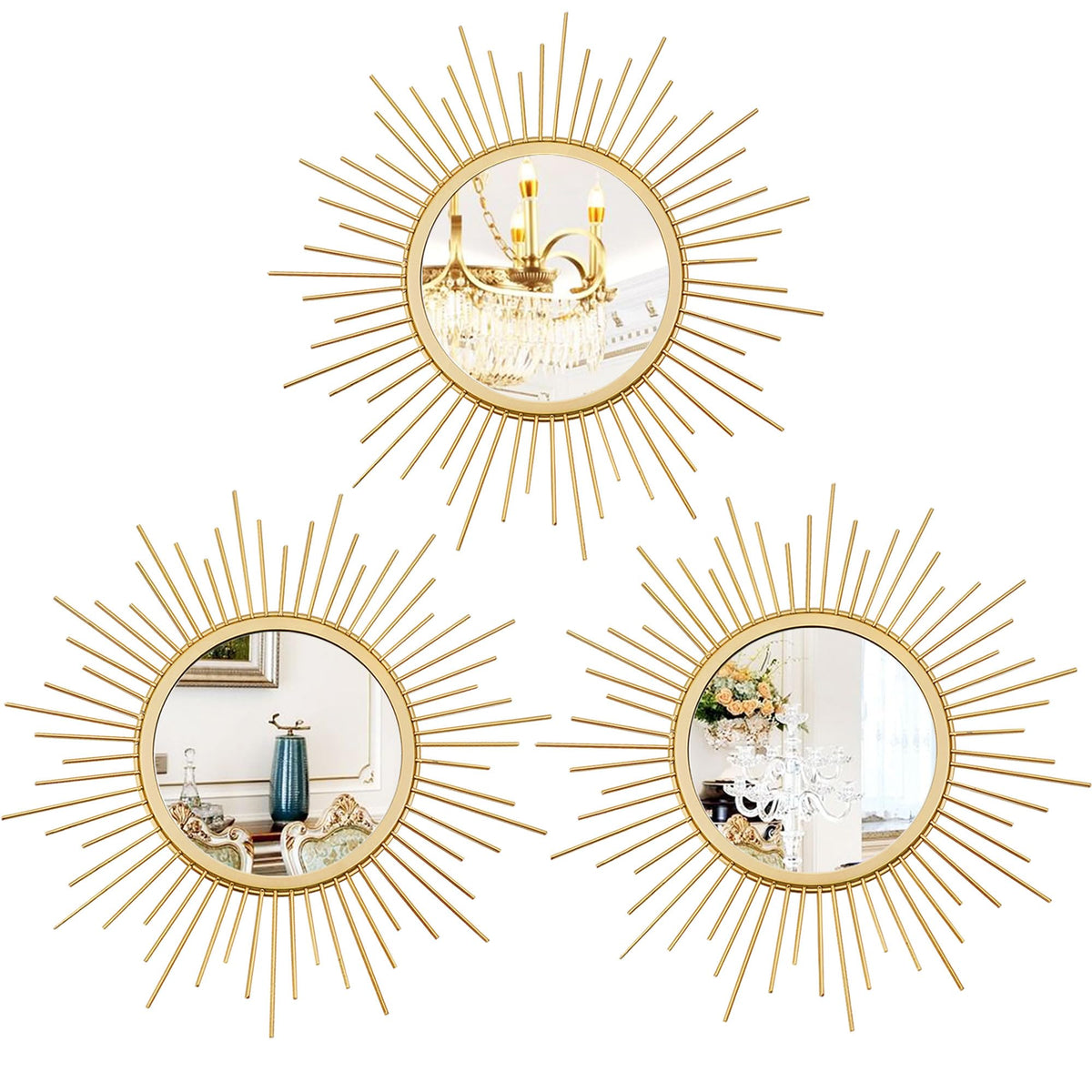 Gold Metal Sunburst Decorative Wall Mirrors, Set of 3