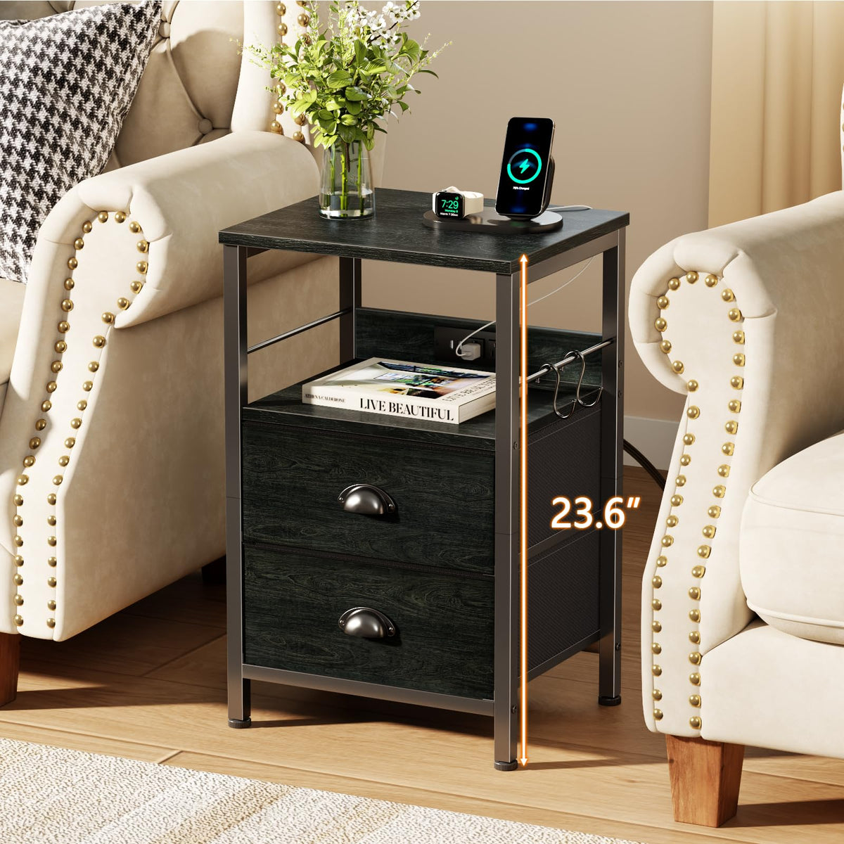 Furologee Nightstands with Charging Station, Set of 2