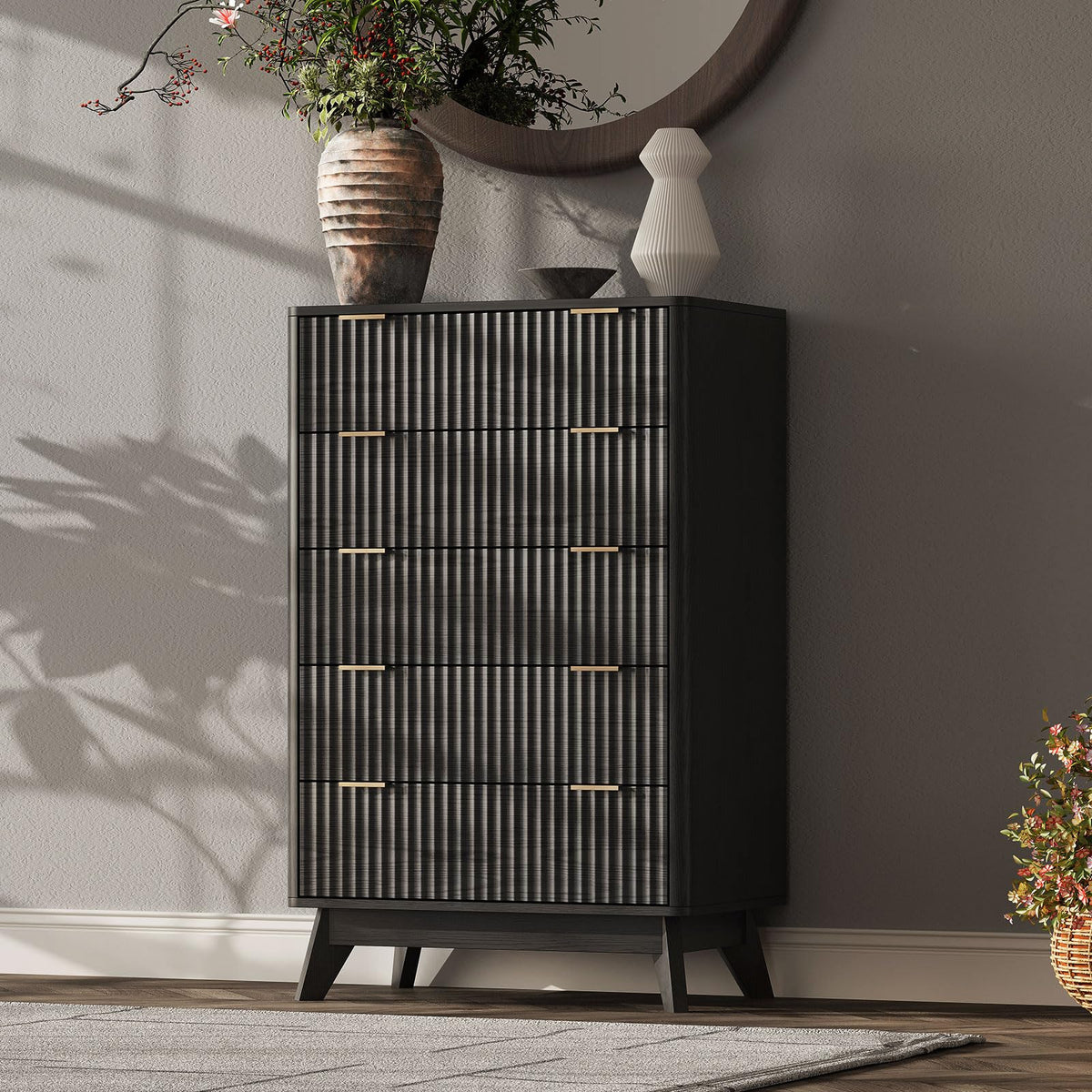 TROJM Fluted Bedroom Dresser with Curved Edge Design