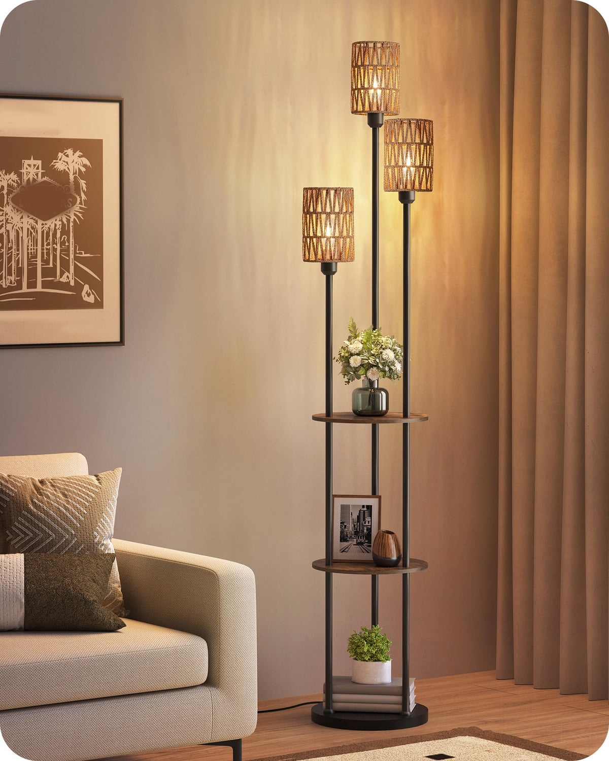 GOEBLESON 3-Light Floor Lamp with Shelves & Foot Switch