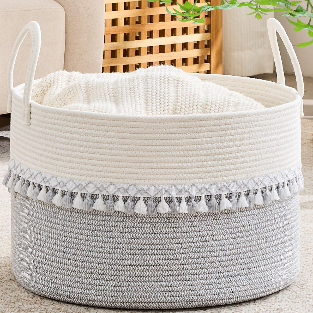 KAKAMAY 20 x 13-Inch Woven Cotton Rope Storage Basket