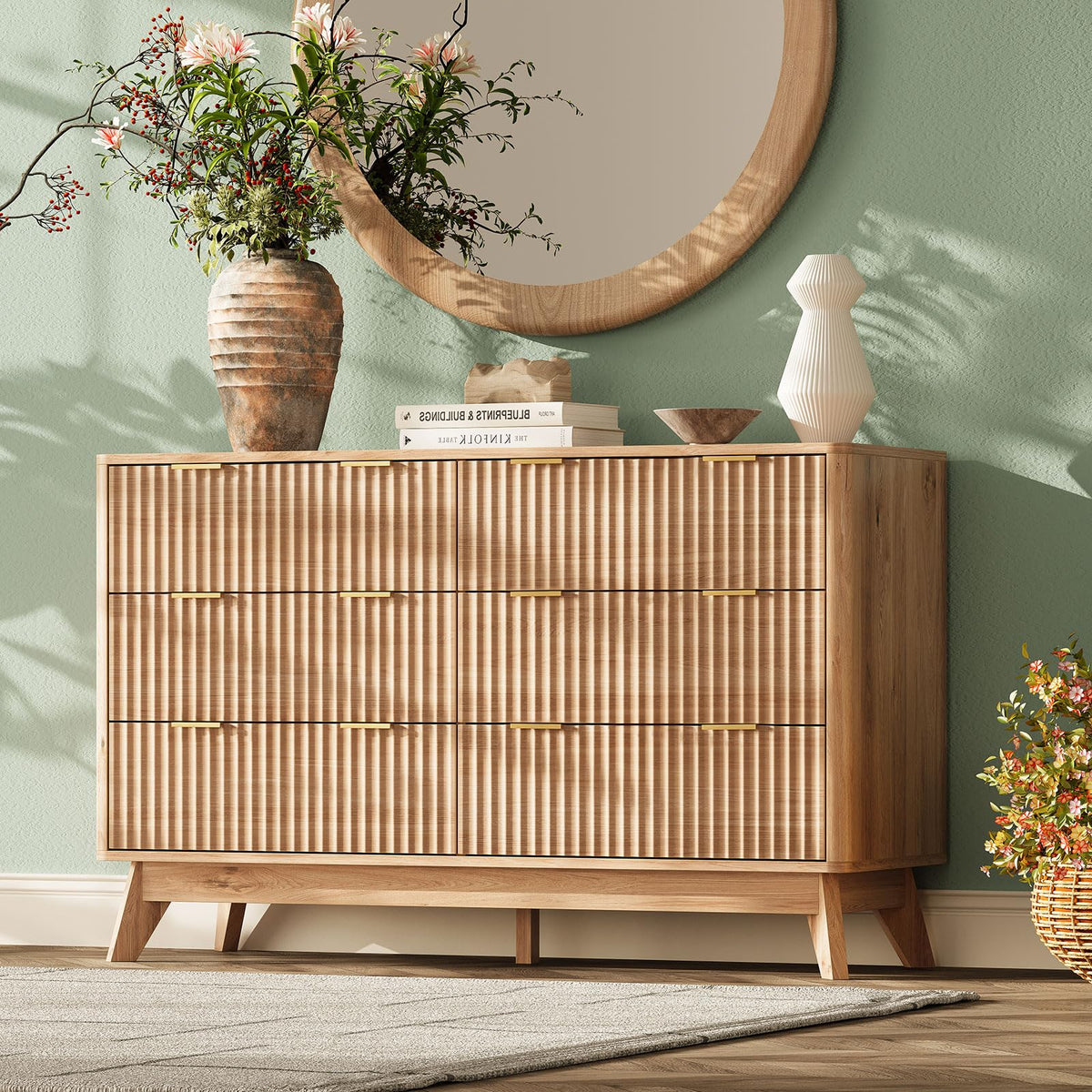 TROJM Fluted Bedroom Dresser with Curved Edge Design