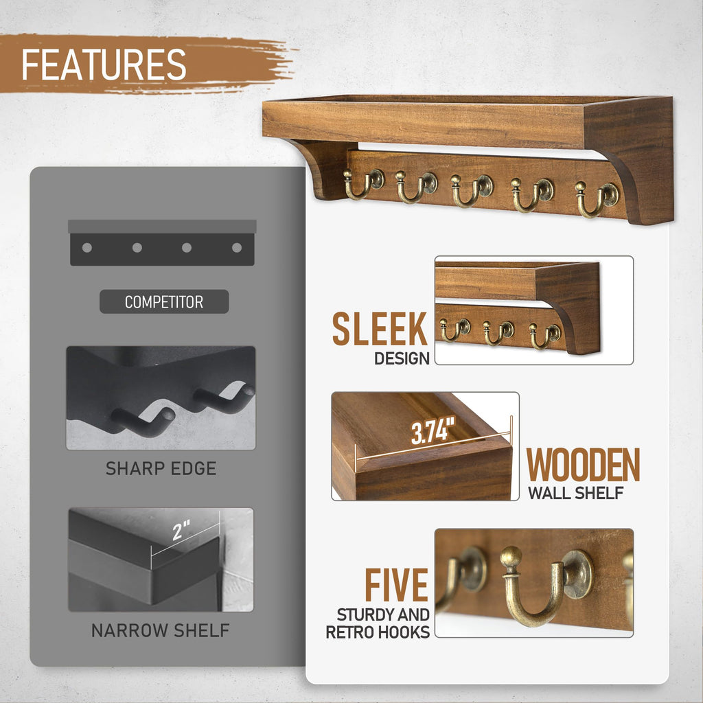 Rebee Vision 14-Inch Wall Key & Mail Holder with Hooks