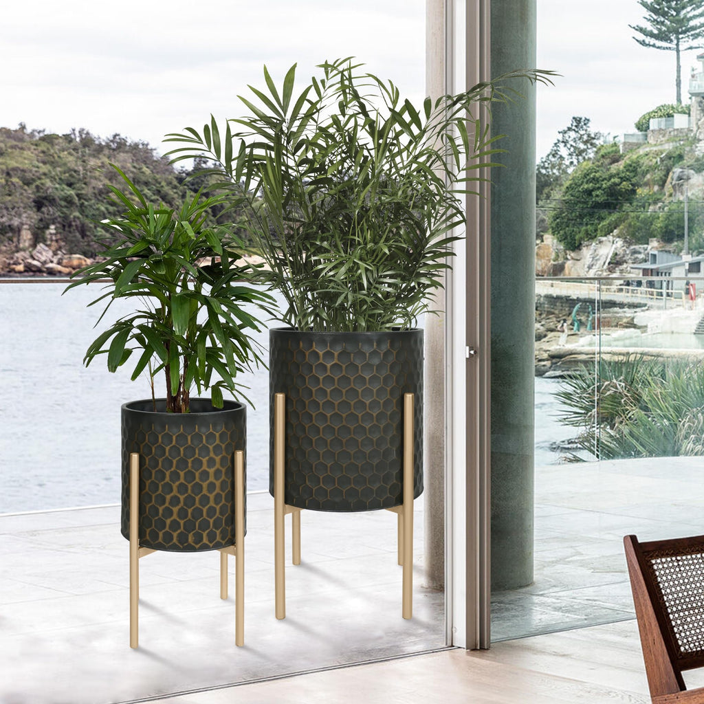 Oakrain Modern Metal Indoor Plant Pots with Stand, Set of 2