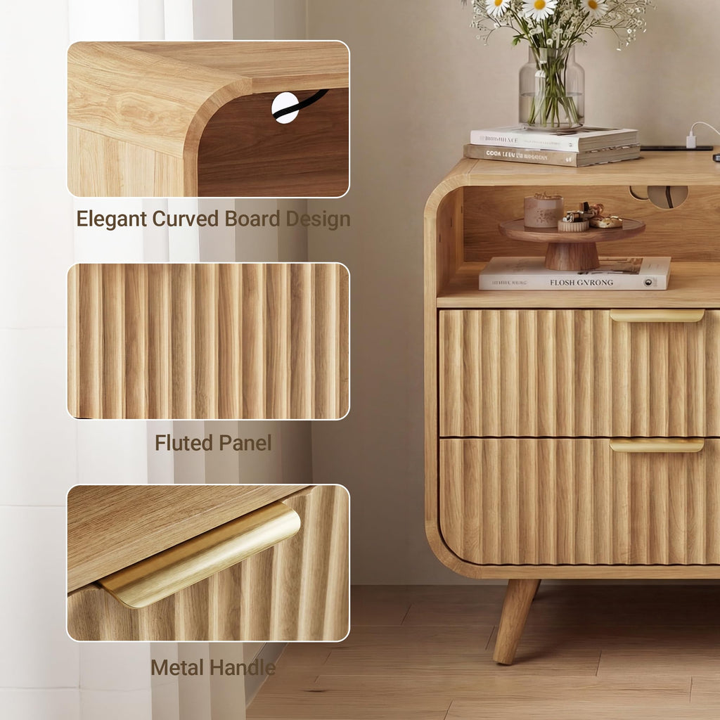 Curved 2-Drawer Nightstand with Charging Station & LED Light