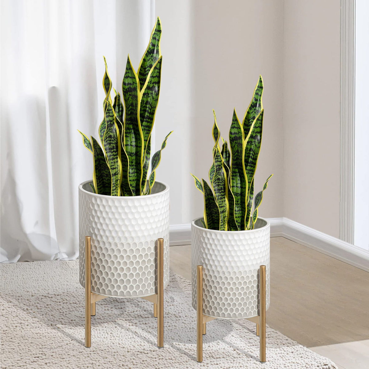 Oakrain Modern Metal Indoor Plant Pots with Stand, Set of 2