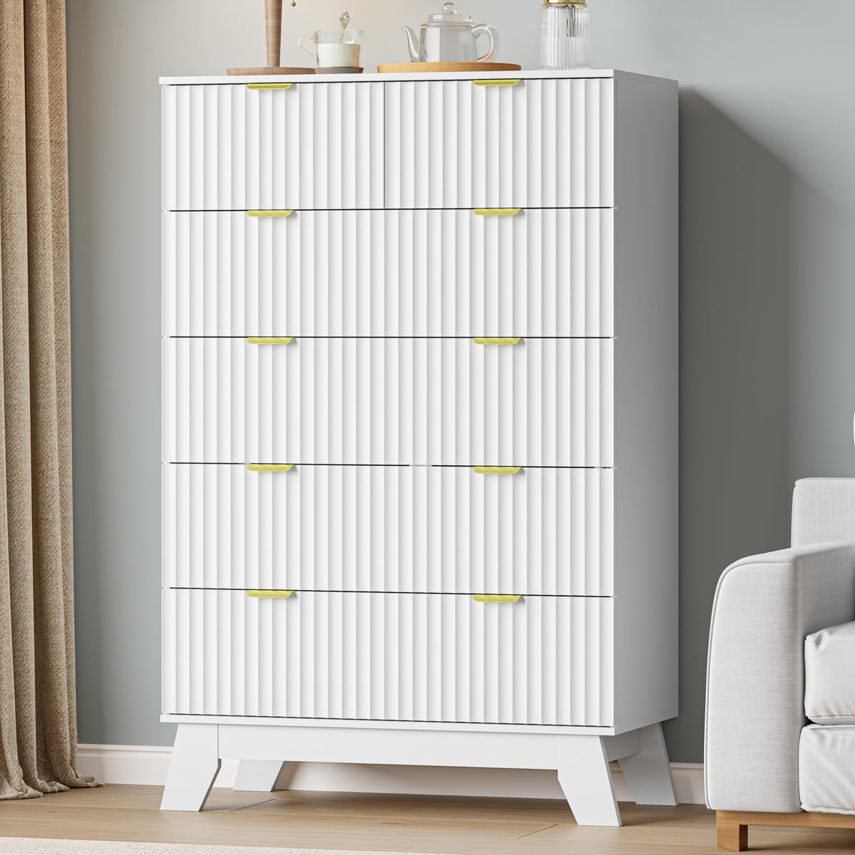 IAISRO 57-Inch Fluted 9-Drawer Dresser with Gold Handles