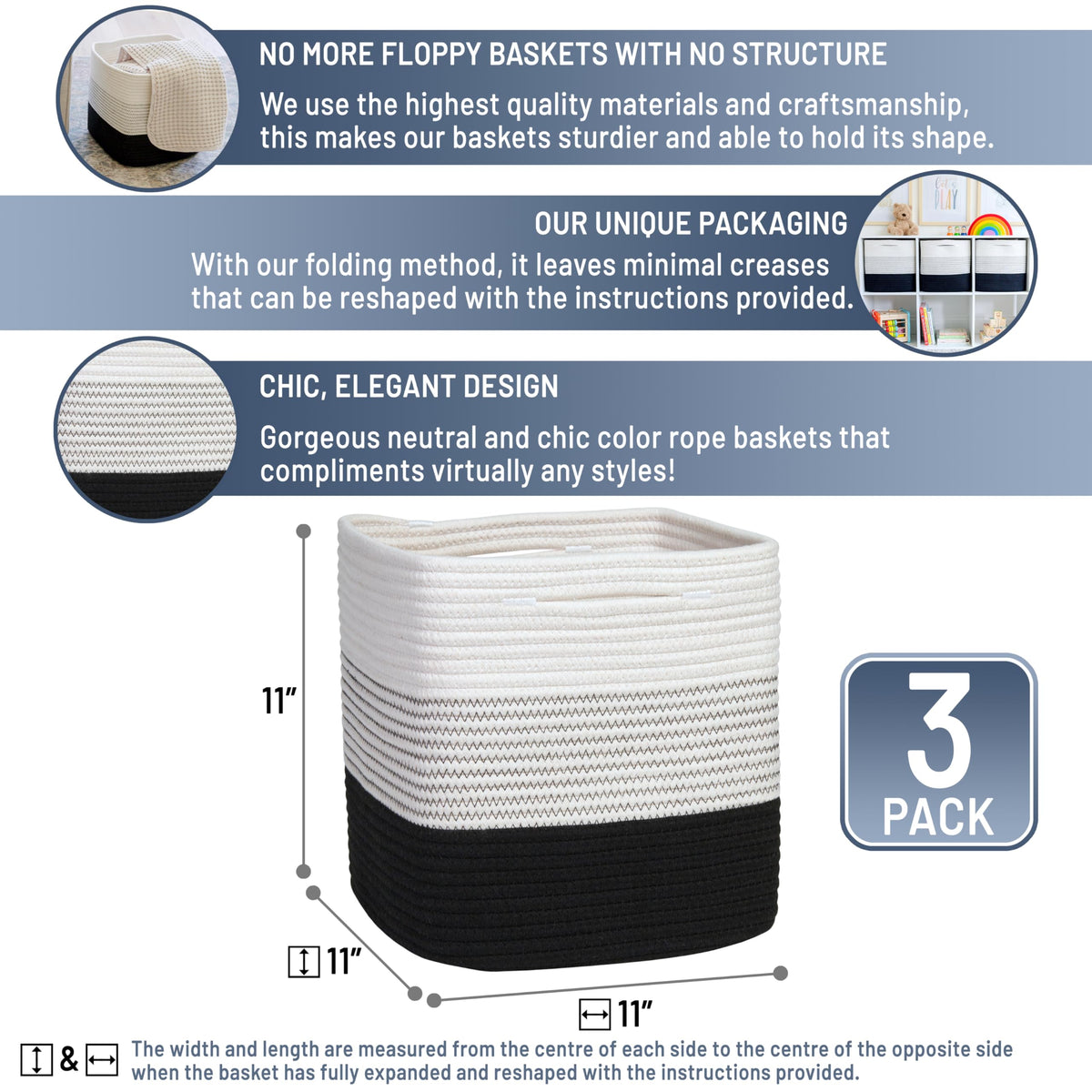 NaturalCozy 11-Inch Cube Rope Storage Baskets, 3-Pack