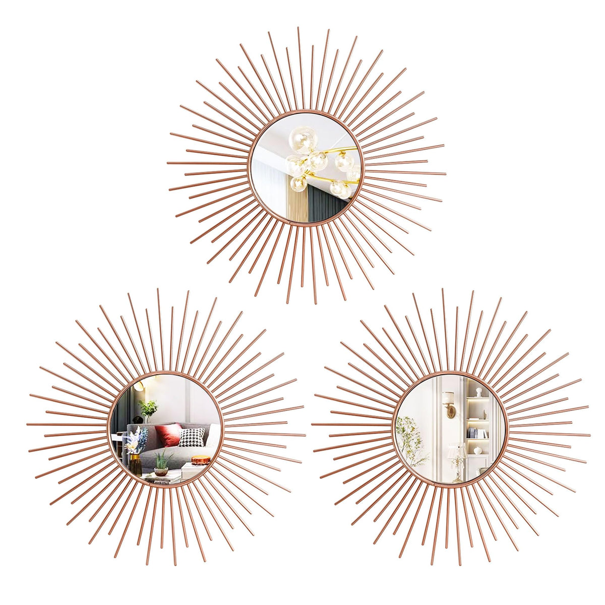 Gold Metal Sunburst Decorative Wall Mirrors, Set of 3