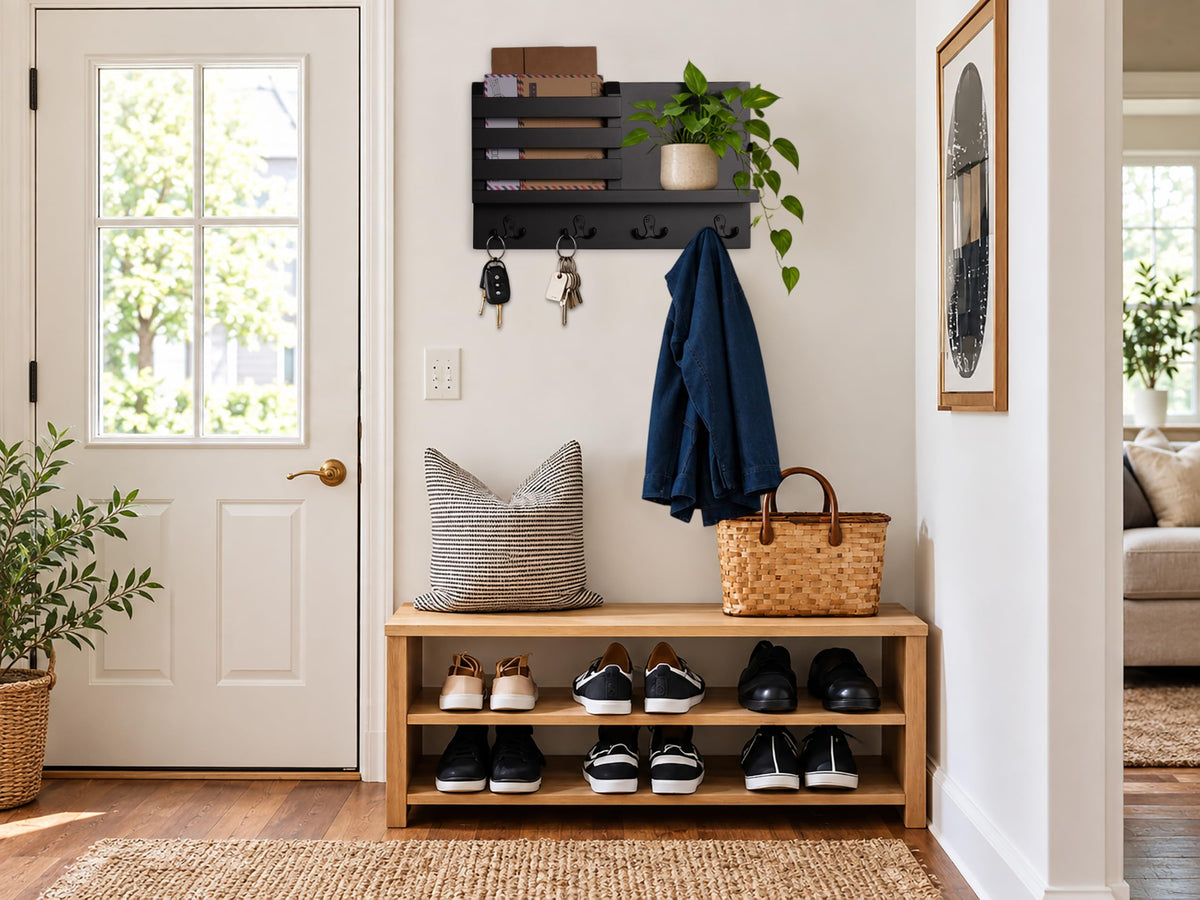 BAWADE Modern Wooden Entryway Wall Shelf with Hooks