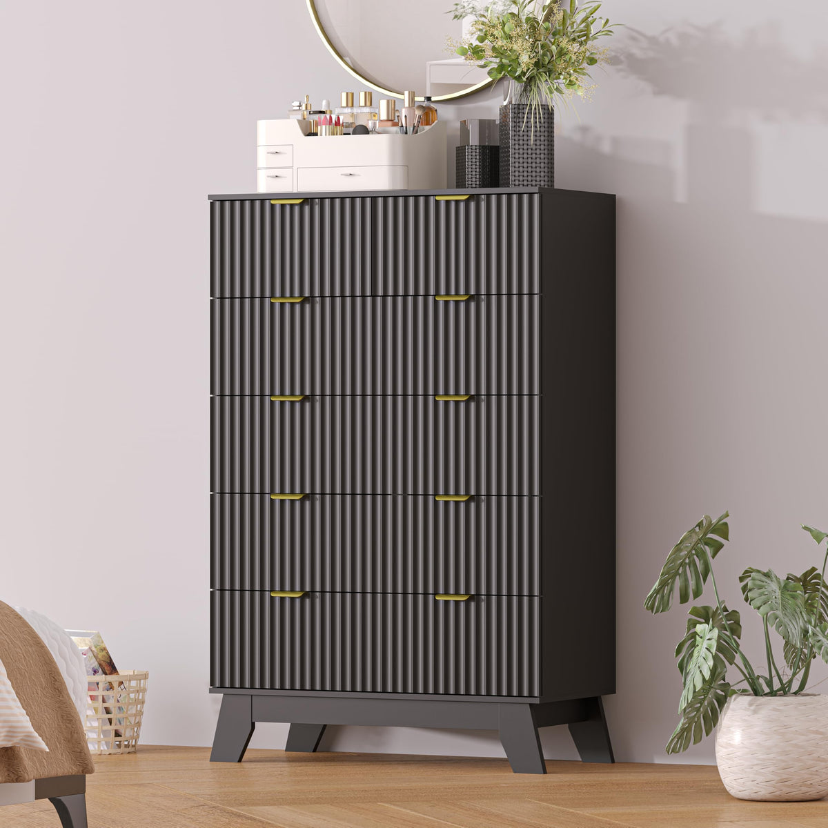 IAISRO 57-Inch Fluted 9-Drawer Dresser with Gold Handles