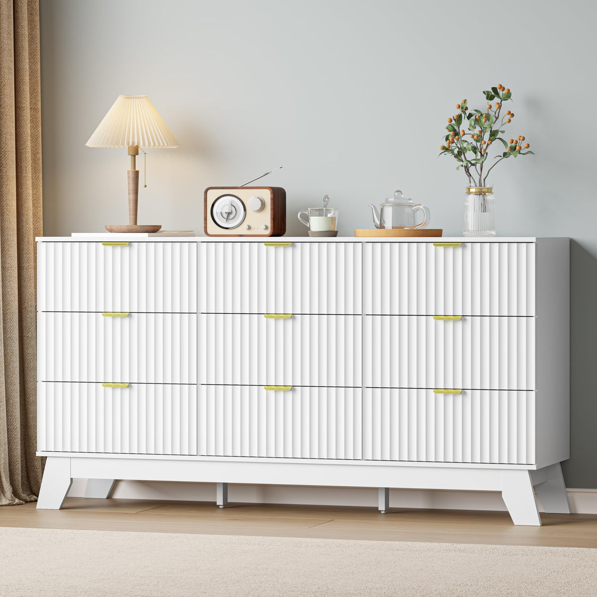 IAISRO 57-Inch Fluted 9-Drawer Dresser with Gold Handles