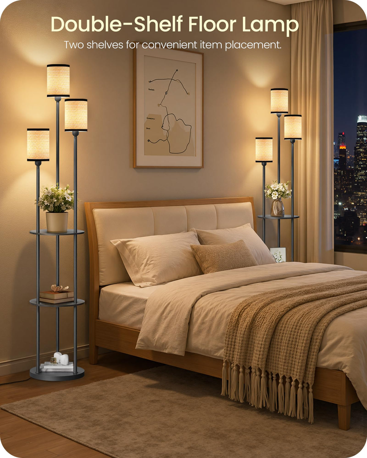 GOEBLESON 3-Light Floor Lamp with Shelves & Foot Switch