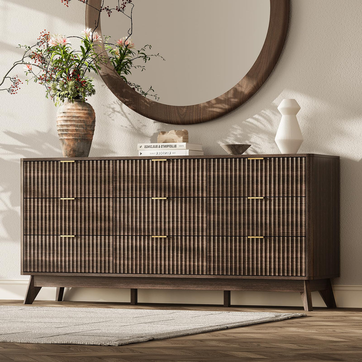 TROJM Fluted Bedroom Dresser with Curved Edge Design