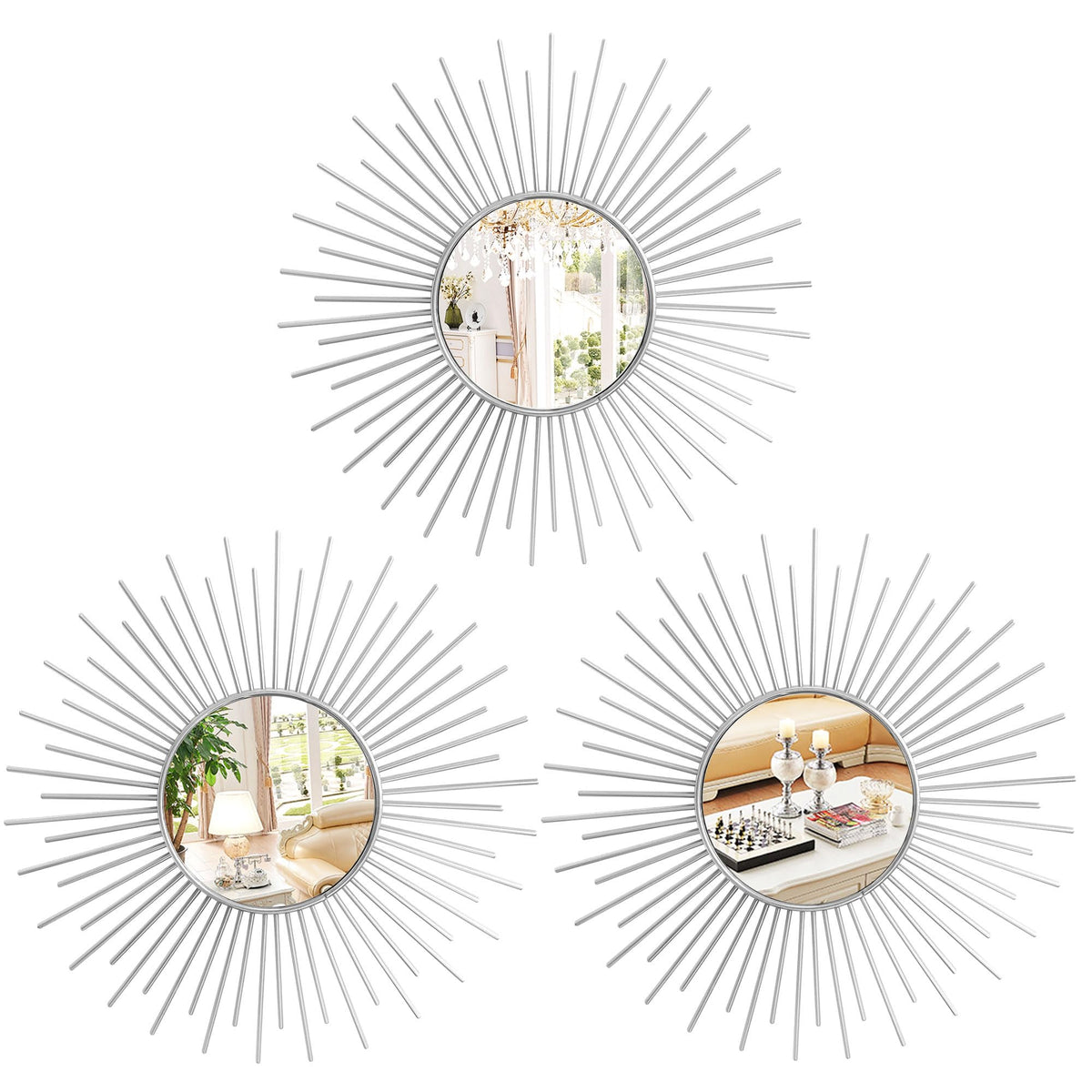 Gold Metal Sunburst Decorative Wall Mirrors, Set of 3