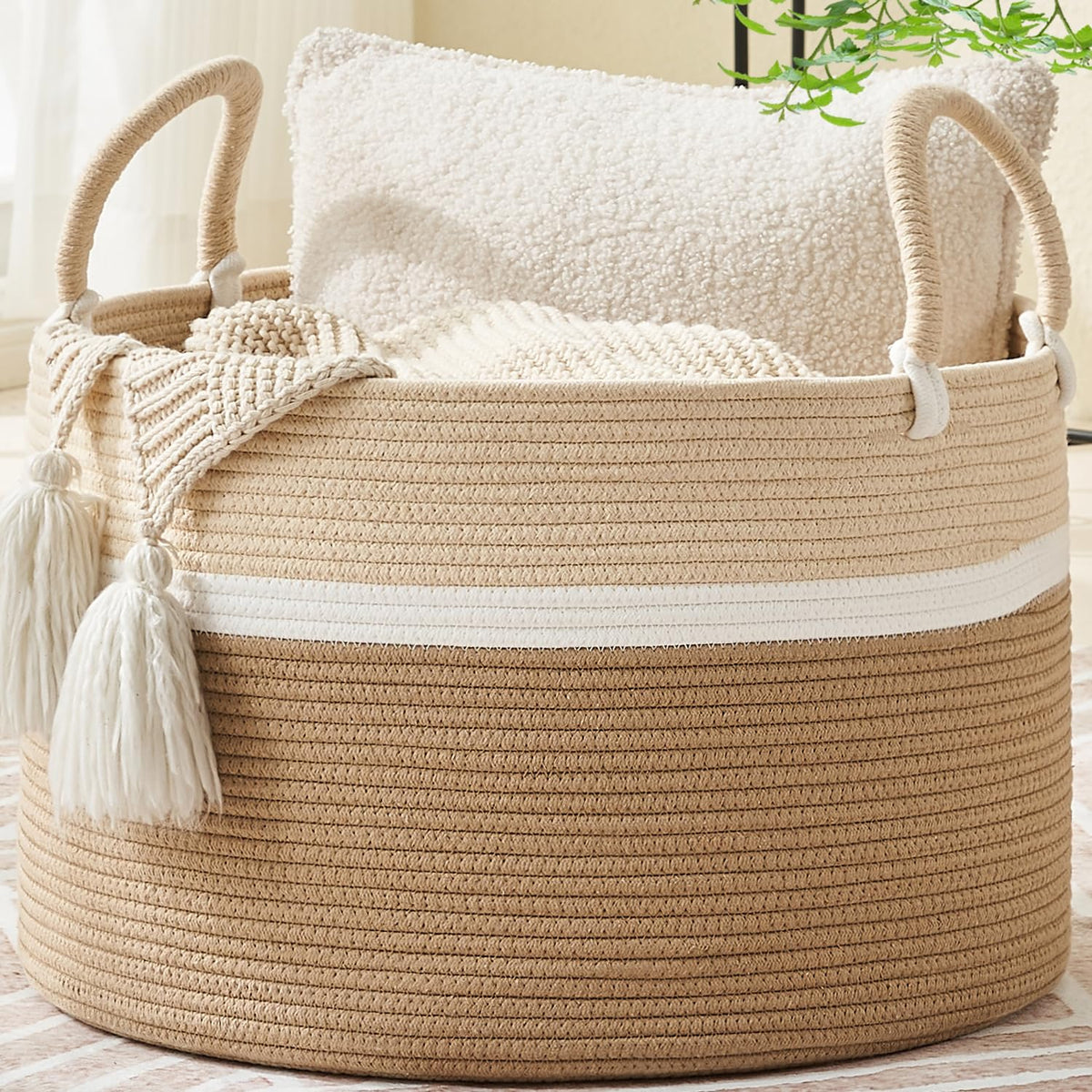 KAKAMAY 20 x 13-Inch Woven Cotton Rope Storage Basket