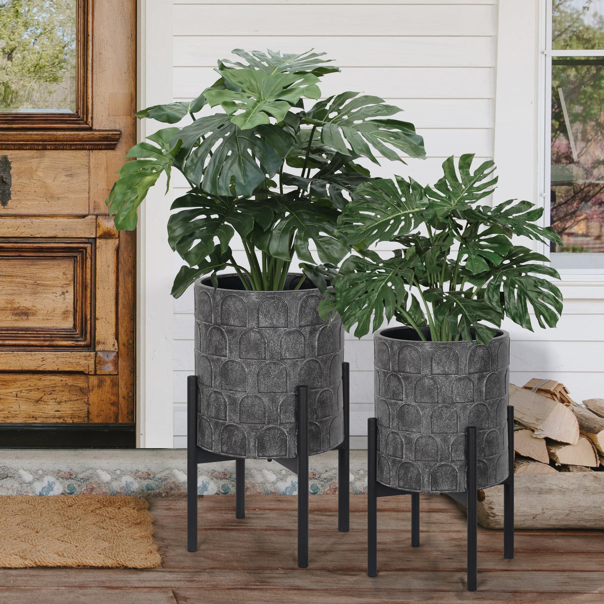 Oakrain Modern Metal Indoor Plant Pots with Stand, Set of 2
