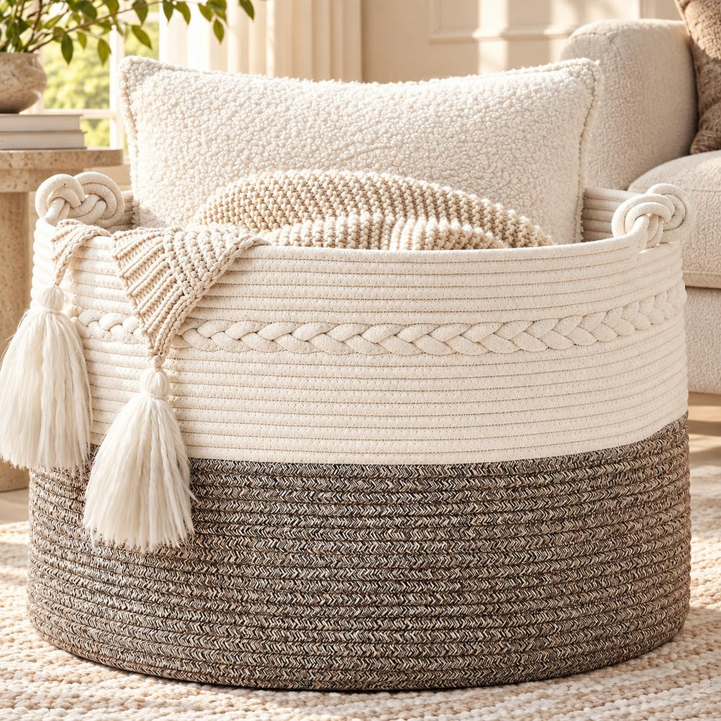KAKAMAY 20 x 13-Inch Woven Cotton Rope Storage Basket