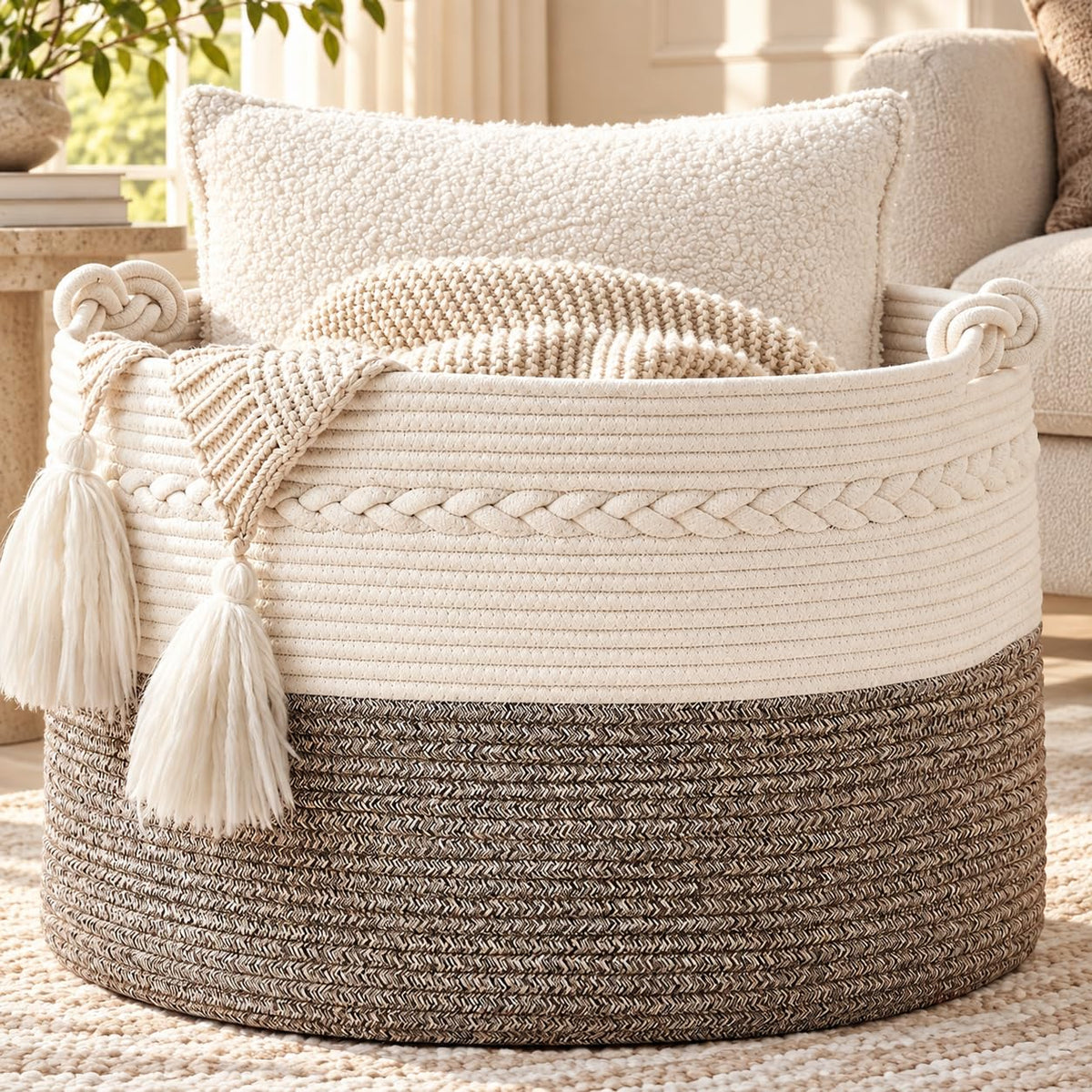 KAKAMAY 20 x 13-Inch Woven Cotton Rope Storage Basket