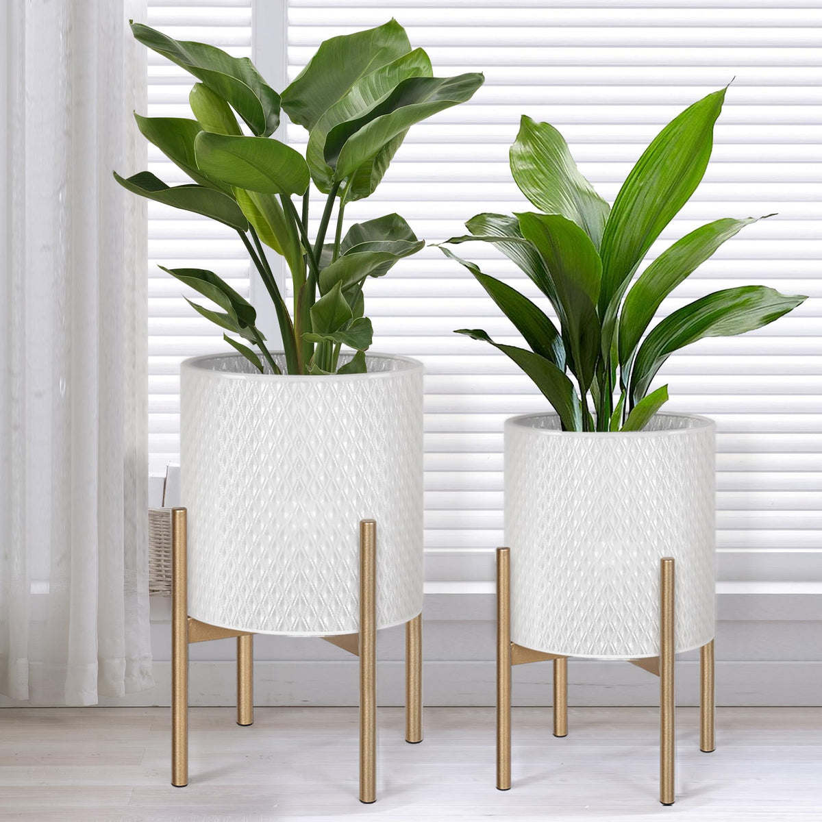 Oakrain Modern Metal Indoor Plant Pots with Stand, Set of 2
