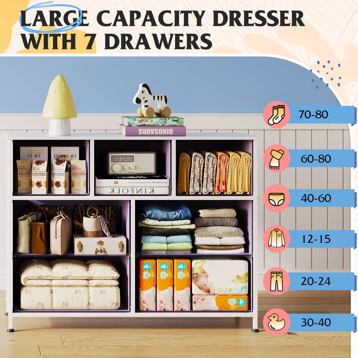 WLIVE 7-Drawer Fabric Storage Dresser with Wood Top
