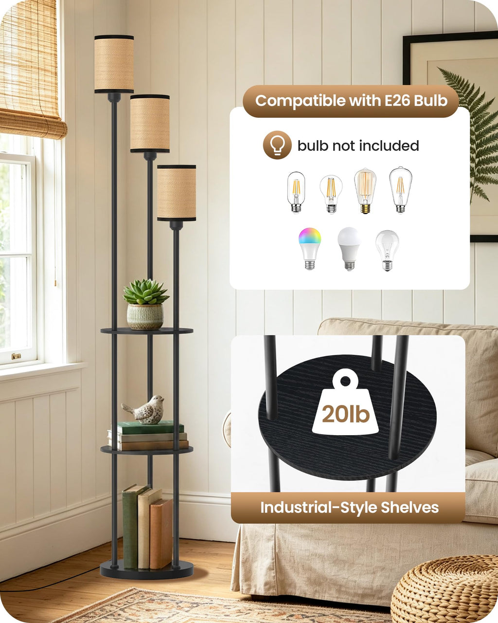 GOEBLESON 3-Light Floor Lamp with Shelves & Foot Switch